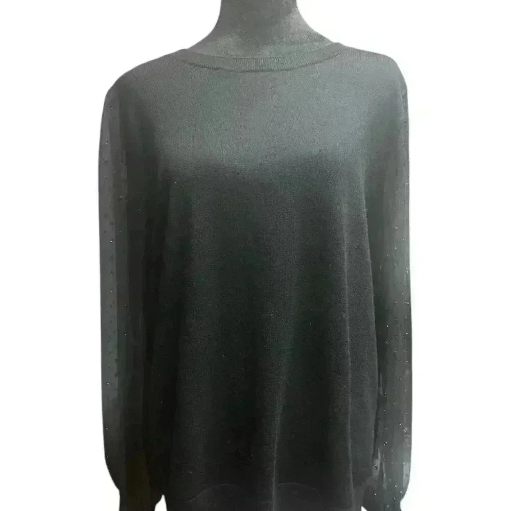 LOFT BLACK SCOOP NECK BLOUSE WITH SHEER SLEEVES